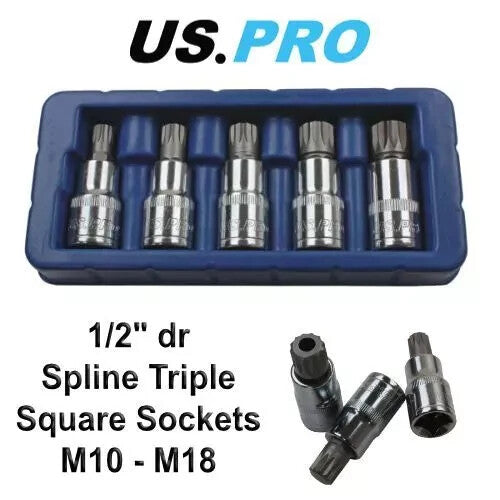 US PRO 5 Piece 1/2" Drive Spline Triple Square Bit Sockets M10 - M18 2076