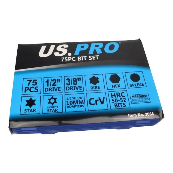 US PRO 75PC Hex, Spline, Torx & Tamper Proof Torx Bit Set 2068