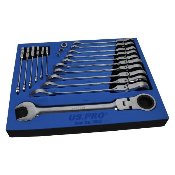 US PRO 20pc Metric Flex Head Ratchet Spanner / Wrench Set Gear Ratchet 8 - 32mm