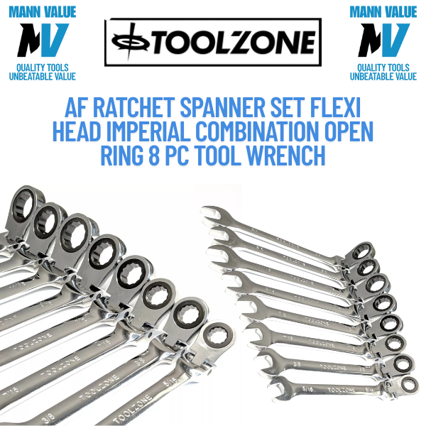 AF Ratchet Spanner Set Flexi Head Imperial Combination Open Ring 8 Pc Tool SAE