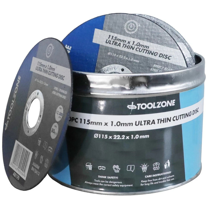 50 Cutting Discs 115 X 1 X 22.22mm Steel INOX Stainless Iron Metal + Storage Tin