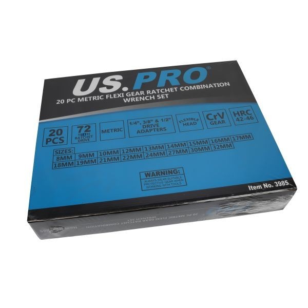US PRO 20pc Metric Flex Head Ratchet Spanner / Wrench Set Gear Ratchet 8 - 32mm