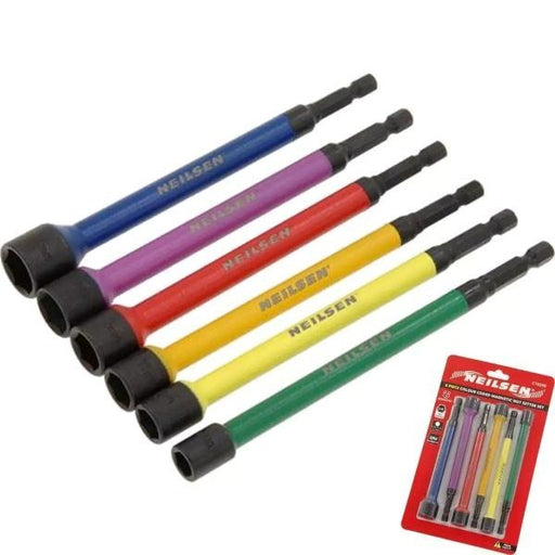 Neilsen 6pc Magnetic Nut Driver Socket Set Impact Drill Bits Colour Coded 8-14mm