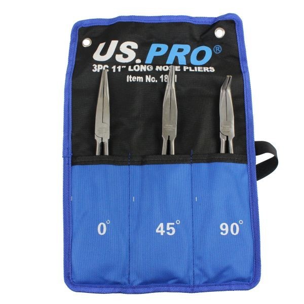 US PRO Tools 3pc 11'' (275mm) Long Reach Nose Pliers, Plier Set New 1831, Blue
