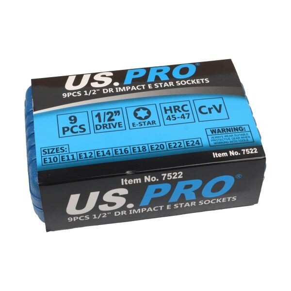US PRO Tools 9PCS 1/2" DR Impact E-Star Sockets Female Torx E10 - E24 7522