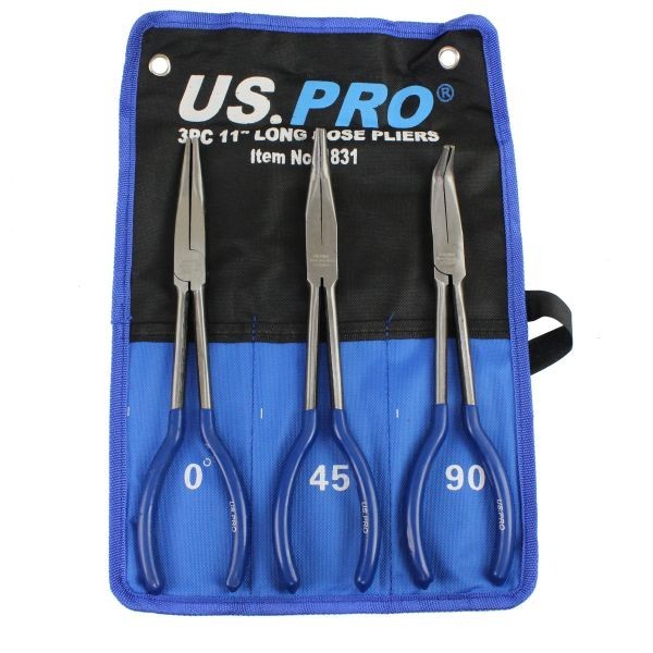 US PRO Tools 3pc 11'' (275mm) Long Reach Nose Pliers, Plier Set New 1831, Blue