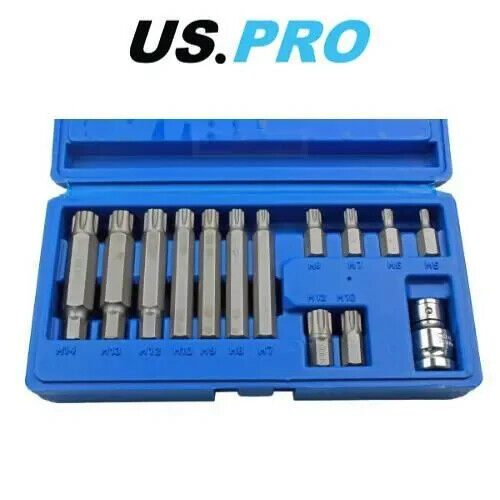 US PRO Tools 14pc 1/2" DR Ribe Socket Bit Set M5 - M14 With Adapter 2238