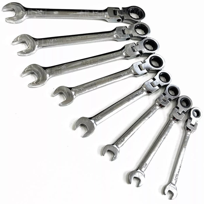 AF Ratchet Spanner Set Flexi Head Imperial Combination Open Ring 8 Pc Tool SAE