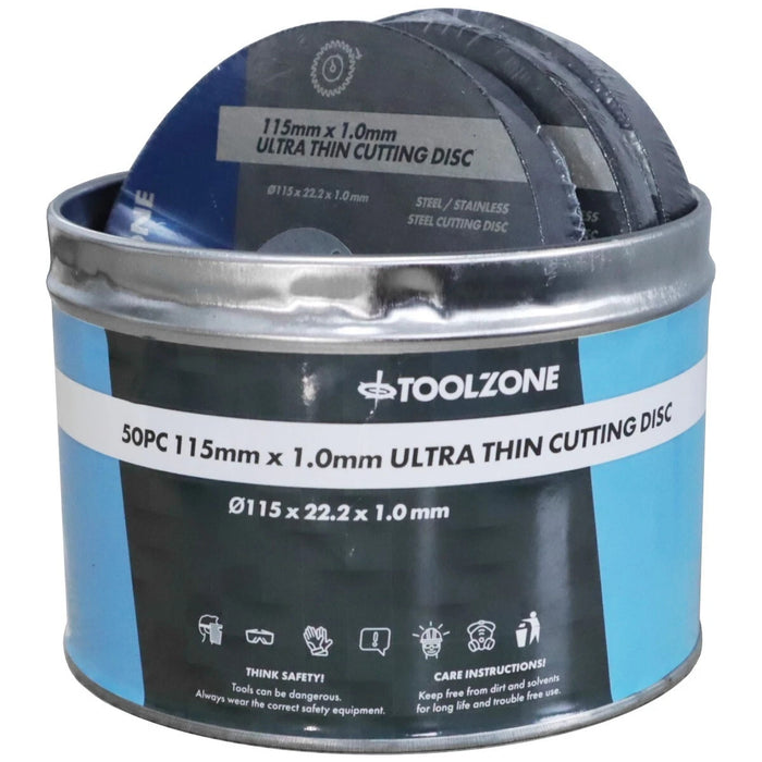 50 Cutting Discs 115 X 1 X 22.22mm Steel INOX Stainless Iron Metal + Storage Tin