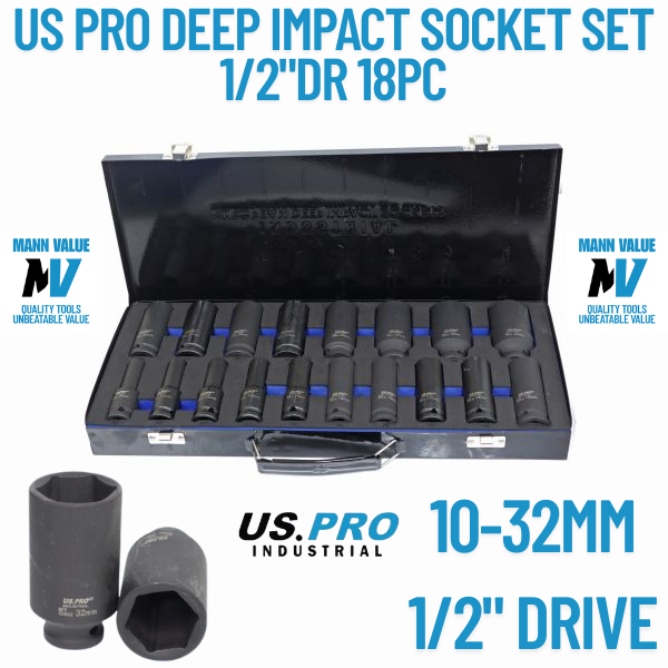 US PRO DEEP IMPACT SOCKET Set 1/2"Dr 18pc 10mm - 32mm 6pt Hex Long Reach Sockets