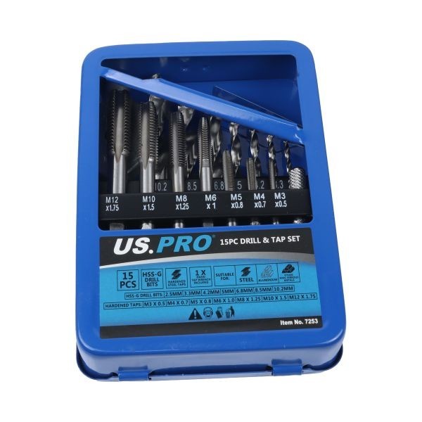 US PRO 15PC Metric Drill & Tap Set M3 M4 M5 M6 M8 M10 M12 Coarse 7253