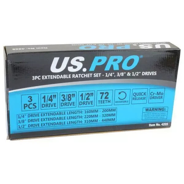 US PRO Tools 3pc Extendable Ratchet Set 1/4" 3/8" 1/2" Drives In Foam Tray 4205