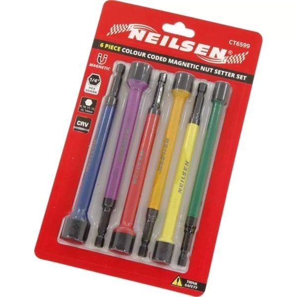 Neilsen 6pc Magnetic Nut Driver Socket Set Impact Drill Bits Colour Coded 8-14mm