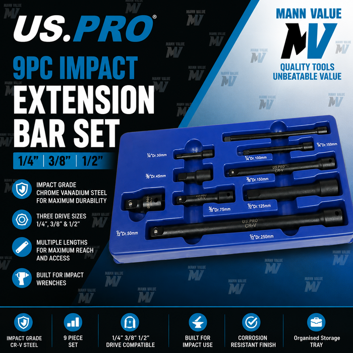 US PRO Tools 9pc 1/4" 3/8" 1/2" dr Impact Extension Bar Set For Sockets 3462