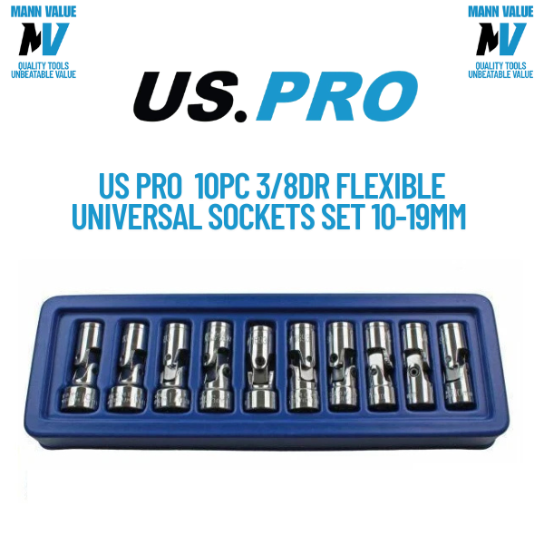 US PRO Tools 10pc 3/8dr Flexi Flexible Universal Sockets Set Metric 1693