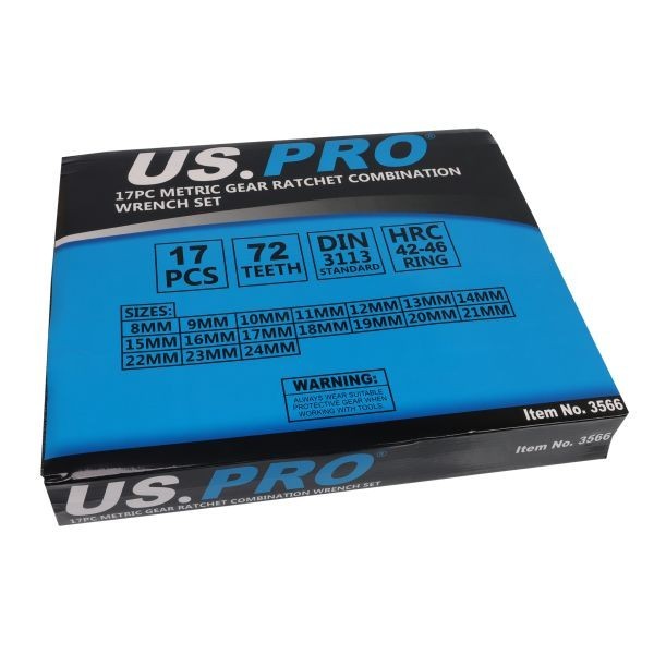 US PRO 17pc Metric Ratchet Spanner Set Combination 8-24mm Wrench Set 3566