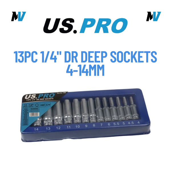 US PRO 13pc 1/4" dr Deep Sockets 4 - 14mm Single Hex 6 Point 1388