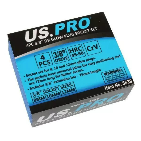US PRO Tools 3pc Glow Plug Deep UJ Socket Set 8mm 10mm 12mm 3/8" Drive 5639
