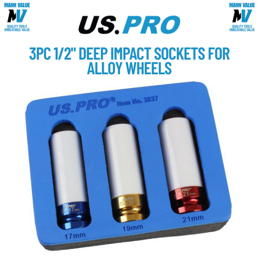 US PRO Tools 3PC 1/2" DR Alloy Wheel Impact Sockets 17, 19, 21mm 3837