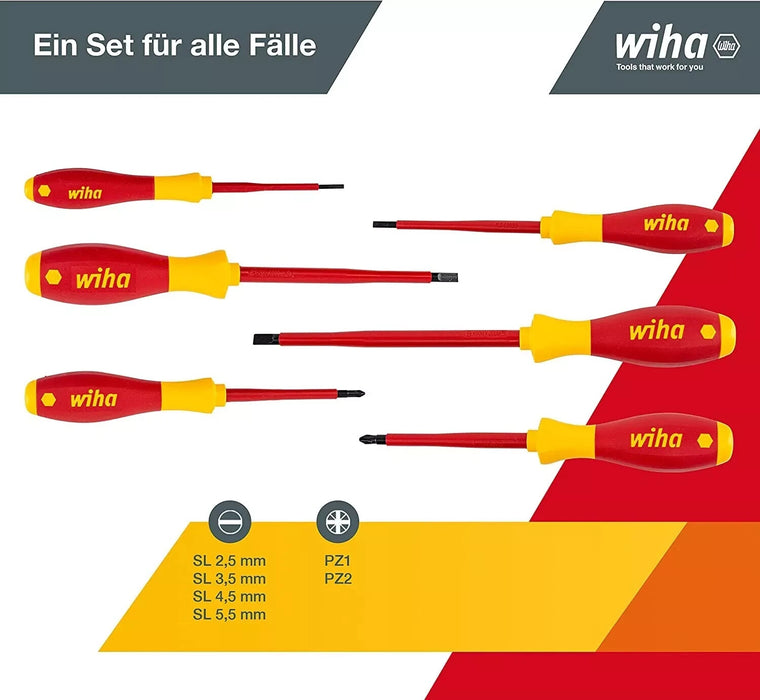 WIHA 6 Piece Electricians VDE 1000v Insulated Slot & Pozi Screwdriver Set, 25477