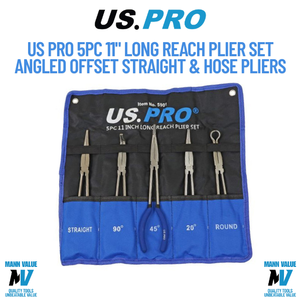 US PRO Tools 5pc 11" Long Reach Plier Set Angled Offset Straight & Hose Pliers