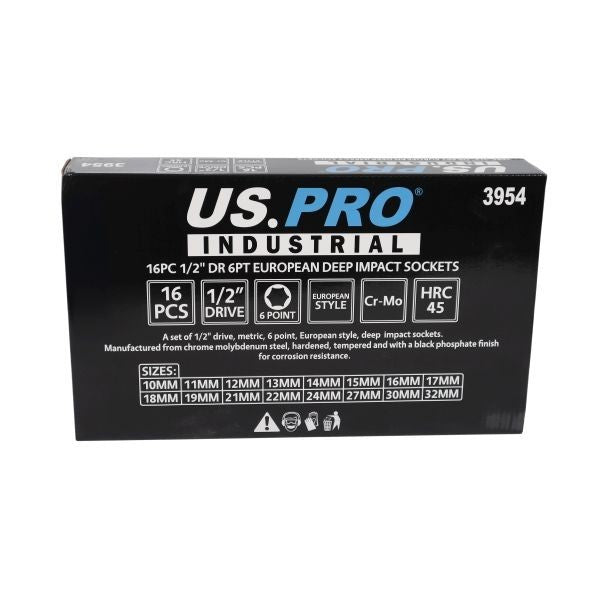 US PRO INDUSTRIAL 16pc 1/2" DR 6PT European Deep Impact Sockets 10 - 32mm 3954