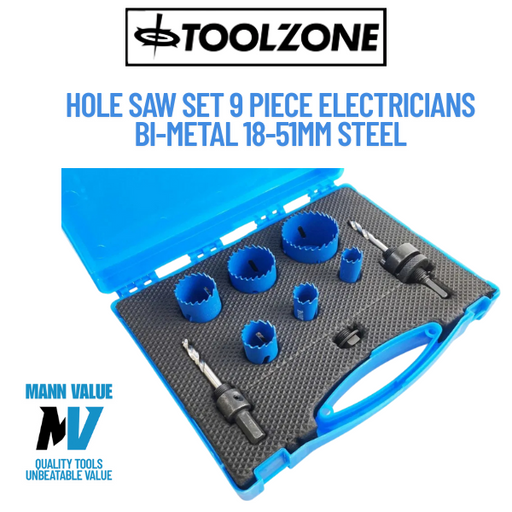 Hole Saw Set 9 Piece Electricians Bi-Metal 18-51mm Steel Aluminium PVC Wood