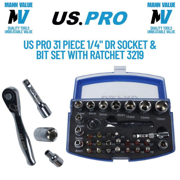 US PRO 31 Piece 1/4" Dr Socket & Bit Set With Ratchet 3219