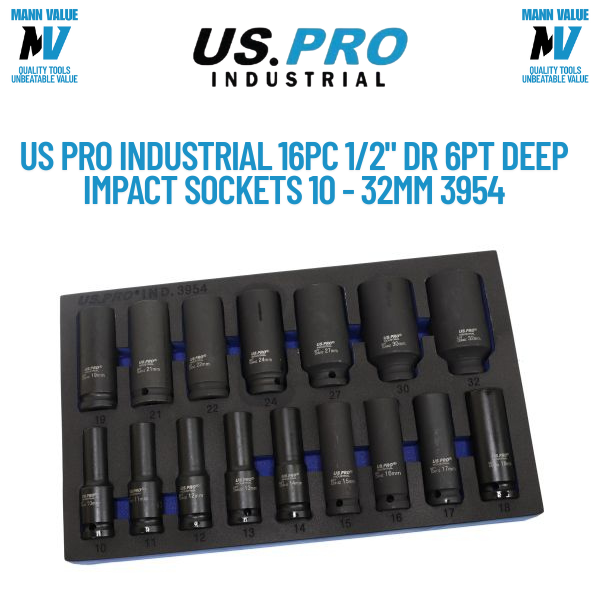 US PRO INDUSTRIAL 16pc 1/2" DR 6PT European Deep Impact Sockets 10 - 32mm 3954