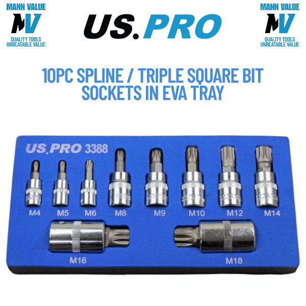 US PRO Tools  10PC spline / TRIPLE SQUARE BIT SOCKETS IN Foam EVA TRAY 3388