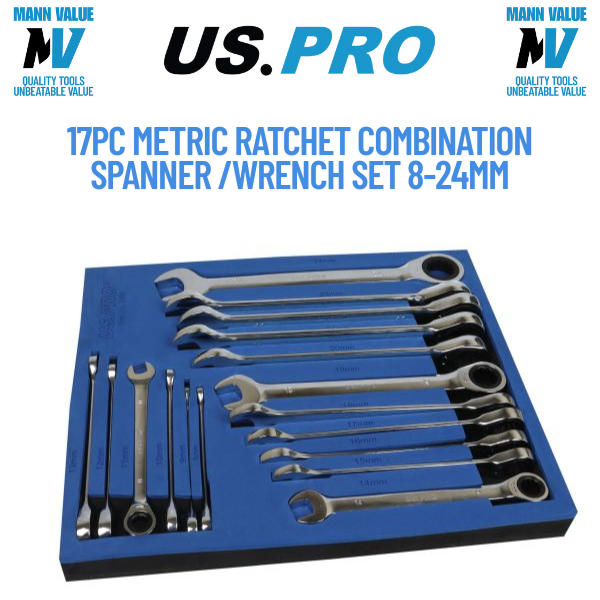 US PRO 17pc Metric Ratchet Spanner Set Combination 8-24mm Wrench Set 3566