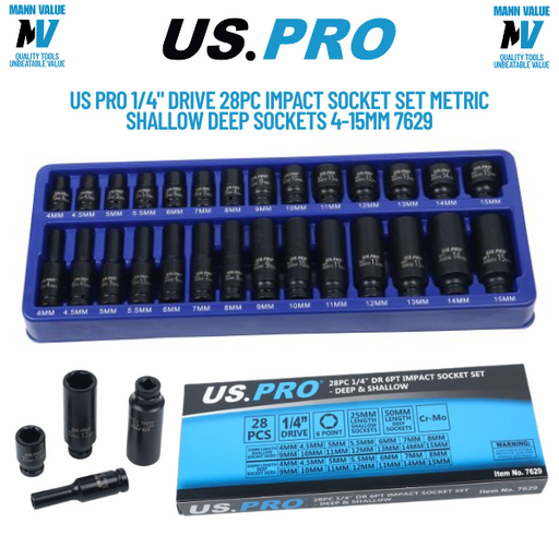 US PRO 1/4" Drive 28pc Impact Socket Set Metric Shallow Deep Sockets 4-15mm 7629