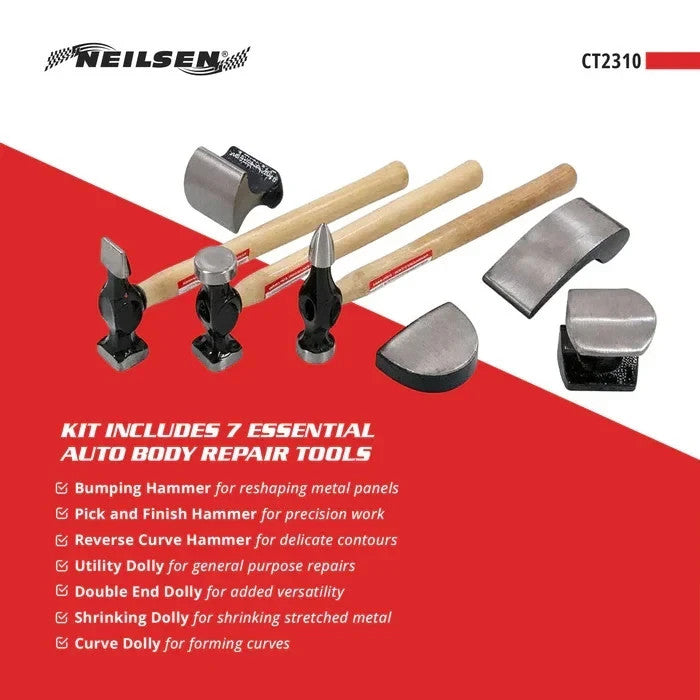 Neilsen Car Auto Body Panel Beating Dent Repair Tool Kit Hammers Dolly Set 7pc