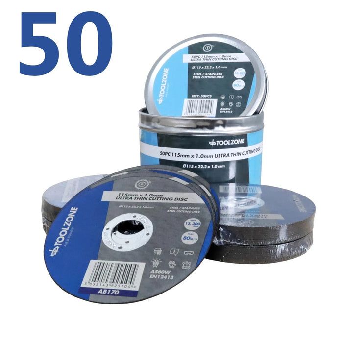 50 Cutting Discs 115 X 1 X 22.22mm Steel INOX Stainless Iron Metal + Storage Tin
