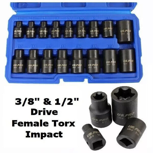 US PRO Tools 17pc 3/8" & 1/2" dr Impact E-Torx Socket Set E5 to E24 3420