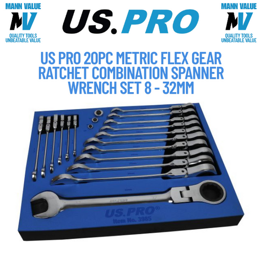 US PRO 20pc Metric Flex Head Ratchet Spanner / Wrench Set Gear Ratchet 8 - 32mm