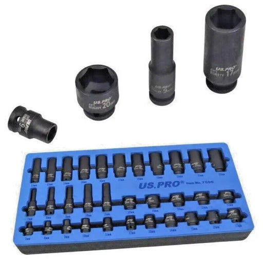 US PRO 32pc Impact Socket Set 3/8" Drive 7mm/22mm Shallow & Deep Single Hex