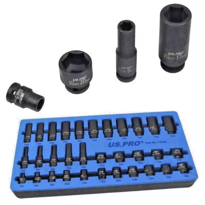 US PRO 32pc Impact Socket Set 3/8" Drive 7mm/22mm Shallow & Deep Single Hex