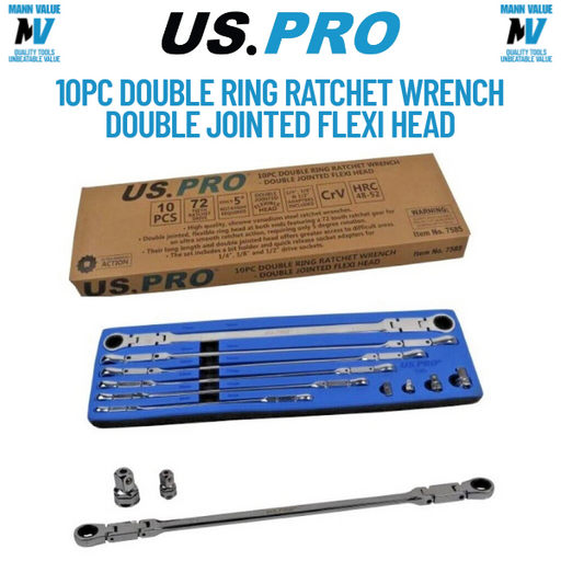 8mm to 19mm Double Jointed Flex Head Long Reach Ratchet Spanner Set US PRO TOOLS