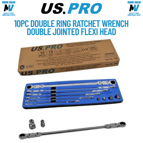 8mm to 19mm Double Jointed Flex Head Long Reach Ratchet Spanner Set US PRO TOOLS