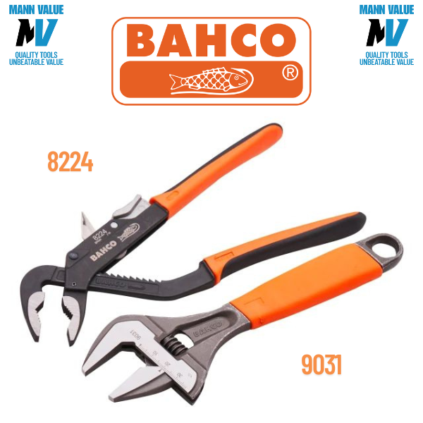 Bahco Orange Grip 9031 38mm 8"  Adjustable Wrench, 8224 10" Quick Adjust Plier