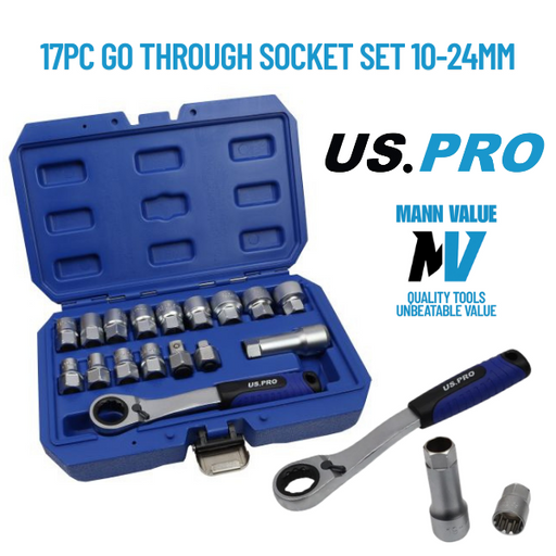 US PRO Socket Set Metric Go-thru 17 Pc 3/8 1/2 Adaptors Ratchet 7559 Go Through