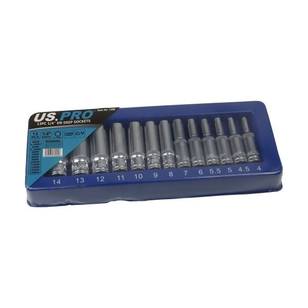 US PRO 13pc 1/4" dr Deep Sockets 4 - 14mm Single Hex 6 Point 1388