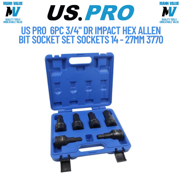 US PRO Tools 6pc 3/4" dr Impact Hex Allen Bit Socket Set Sockets 14 - 27mm 3770