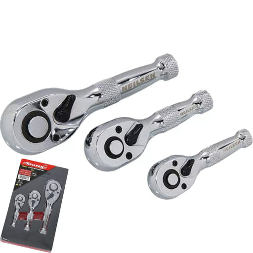Neilsen Stubby Socket Ratchet Handle Set 1/4" 3/8" 1/2" 72T Set In EVA Foam 3pc