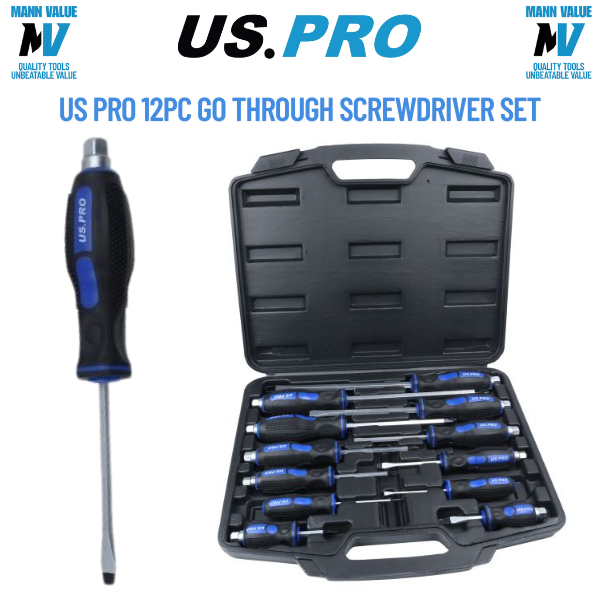 US PRO 12PC Go Through Screwdriver Set Slotted & Philips With Spanner Drive 1610