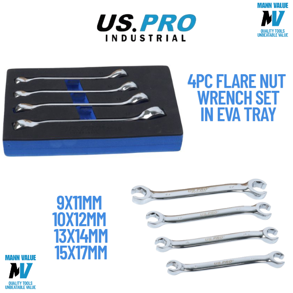 US PRO INDUSTRIAL Flare Nut Spanner Set Brake Fuel Pipe Wrench 9mm-15mm 2289 4pc