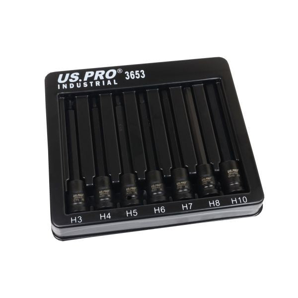 US PRO Industrial 7pc 3/8" DR Extra Long Impact Hex Bit Socket Set H3 - H10 3653