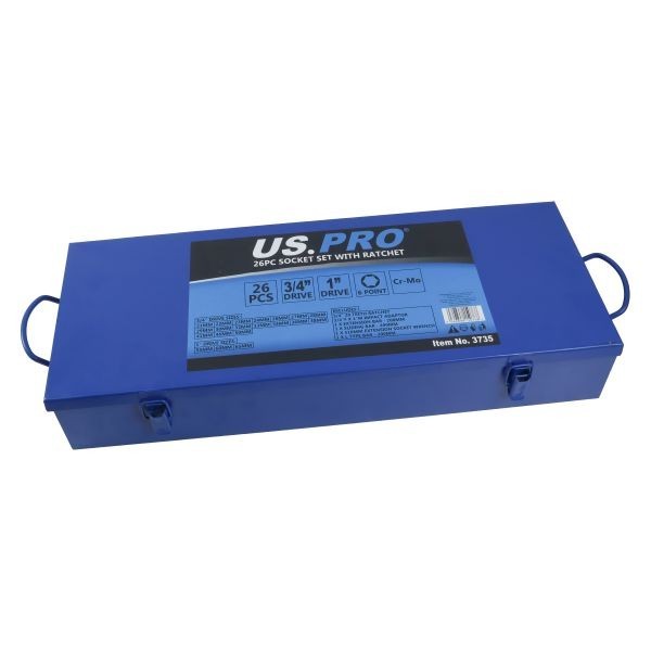 US PRO Tools 26pc Socket Set With Ratchet Set 3/4" & 1" Dr 21 - 65mm 3735