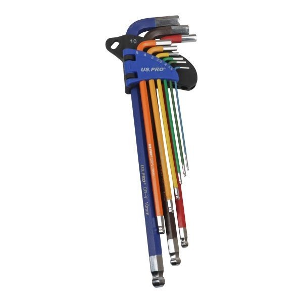 US PRO TOOLS 9pc Multicoloured Extra Long Metric Ball End Hex Key Set 1634